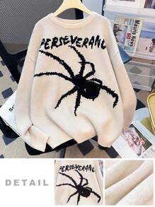 SHEIN Suéter de punto con estampado de araña de moda callejera casual, cómodo y versátil de cuello redondo y suelto para adolescentes varones. Apto para homecoming, renacimiento, atuendos de otoño, ropa de adolescentes varones, chaquetas de otoño, atuendos de otoño para otoño/invierno
