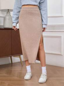 INAWLY 女士休闲日常开衩针织裙，秋冬 - 駝色 - 查看 4