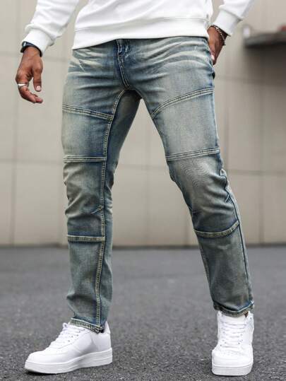 Manfinity Homme Men's Casual Simple Multi-Pocket Design Jeans Blue Slim Fit Distressed Dark Wash Jeans, For Husband, Boyfriend Gifts Going Out Hang Out Commute Vacation Street