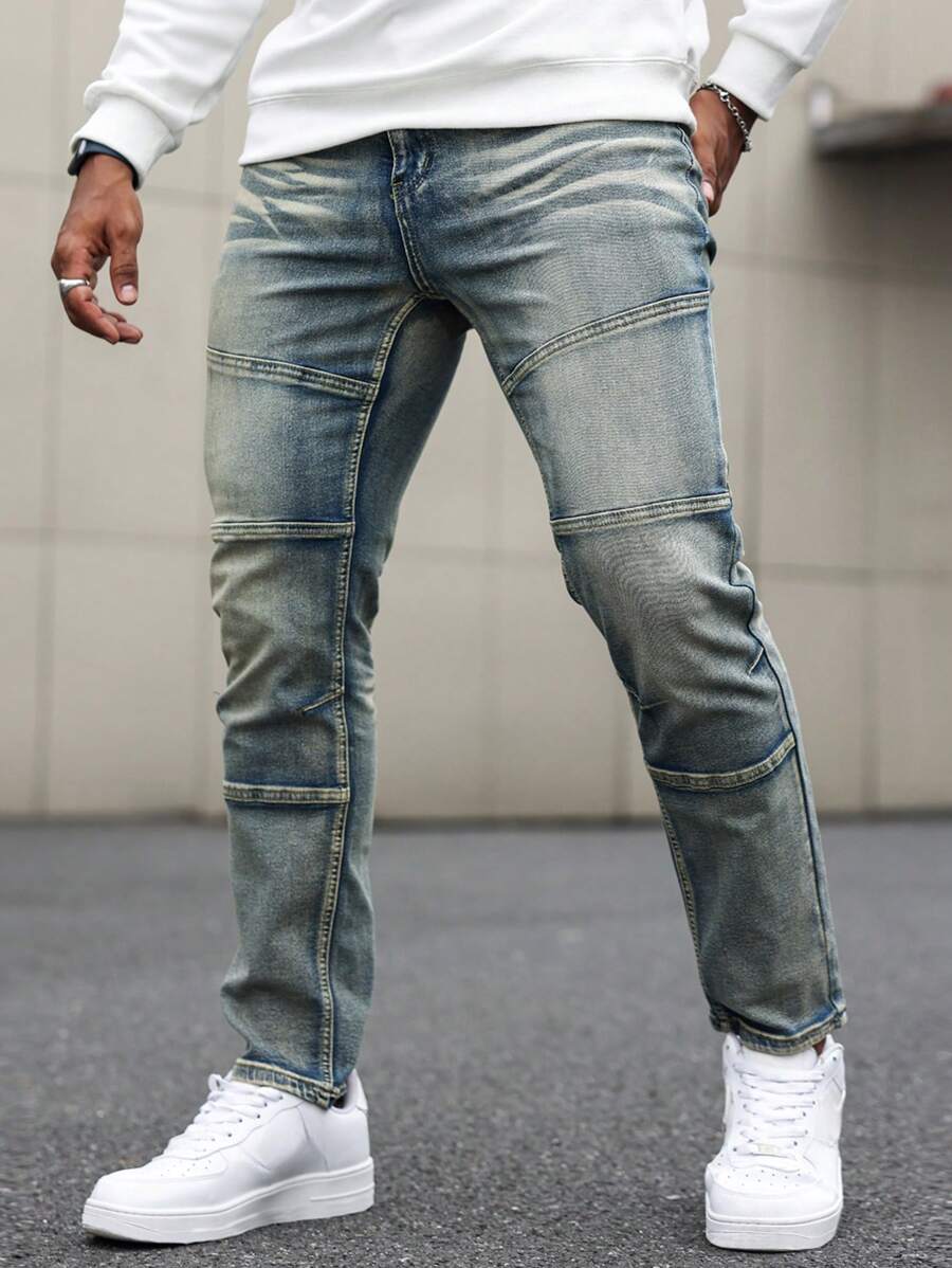 Manfinity Homme 男士休闲简约多口袋设计牛仔裤蓝色修身仿旧深色洗水牛仔裤，适合丈夫、男朋友的礼物 - 藍色 - 查看 1