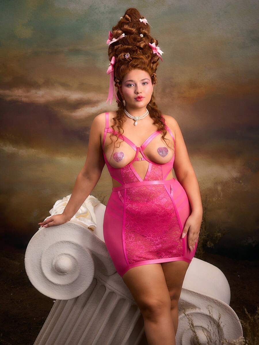 Retro Palace Style Sexy Dress With Pasties & G-String Set, Plus Size Lingerie - Hot Pink - View 1