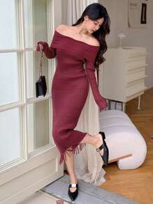 DAZY Robe pull femme épaules dénudées à franges de couleur unie, convient pour le Nouvel An chinois et la Saint-Valentin, vêtements d'automne, robes rouges pour femmes