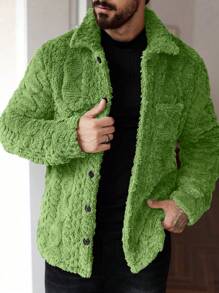 Manfinity Homme Men's Casual Solid Color Fuzzy Jacket For Autumn/Winter ,Men Flannel,Winter Men Jacket Green Men Jacket Men Solid Color Jacket - Green - View 6