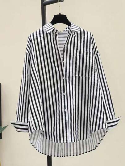 INAWLY 女士休闲条纹印花长袖胸袋衬衫，秋冬款
