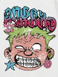 ROMWE MEN Street Life Camiseta de manga corta casual para hombres con bloqueo de color, rayas y estampado de letra de dibujos animados
