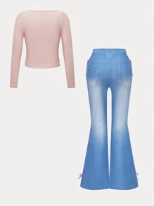 SHEIN Conjunto casual de 2 piezas para niña preadolescente: pantalones de punto con efecto de mezclilla con decoración de lazo + top ajustado con encaje - Multicolor - Ver 2