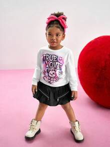 Young Girl Round Neck Long Sleeve Cartoon Print Minimalist Casual Top, Everyday Wear - Multicolor - View 3