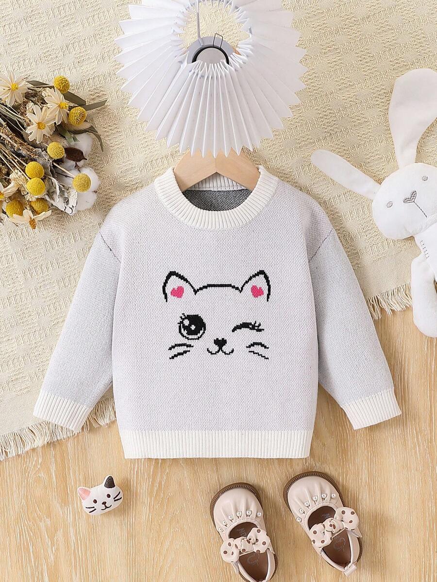 Fashionable Baby Girl Cartoon Pattern Round Neck Long Sleeve Casual Knit Sweater, Autumn/Winter - Multicolor - View 1