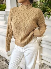 Calvaya Plus Size Women's Solid Color Mock Neck Drop Shoulder Long Sleeve Pullover Sweater, Autumn/Winter Knit Pullover Fall - Camel - View 3
