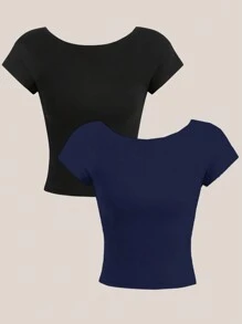 SHEIN EZwear 2pcs Set Open Back Round Neck Short Sleeve Tight Crop Top T-Shirt, Suitable For Summer Suitable For Going Out