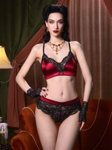 Women's Contrast Lace Bowknot Decor Sexy Lingerie Set - Burgundy - View 1