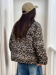 SHEIN EZwear Women's Winter Tie-Neck Long Sleeve Leopard Printed Woven  Padded Coat - Mocha Brown - View 2