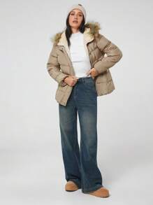 Easelle Women Fur Trim Front Zipper Long Sleeve Pocket Casual Hooded Winter Coat