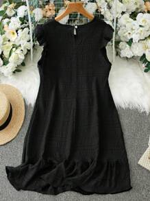 Franclia 女士优雅纯色纹理荷叶边袖中长连衣裙