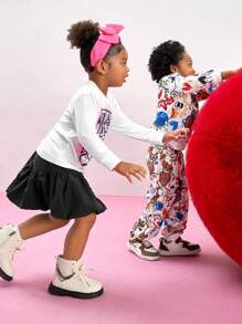 Young Girl Round Neck Long Sleeve Cartoon Print Minimalist Casual Top, Everyday Wear - Multicolor - View 6