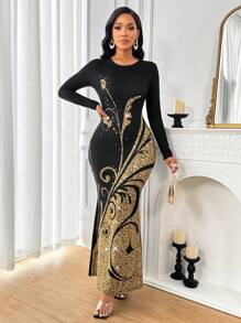 SHEIN Lady 婚礼宾客礼服女士派对装黑色底边亮片印花长裙 - 彩色 - 查看 7