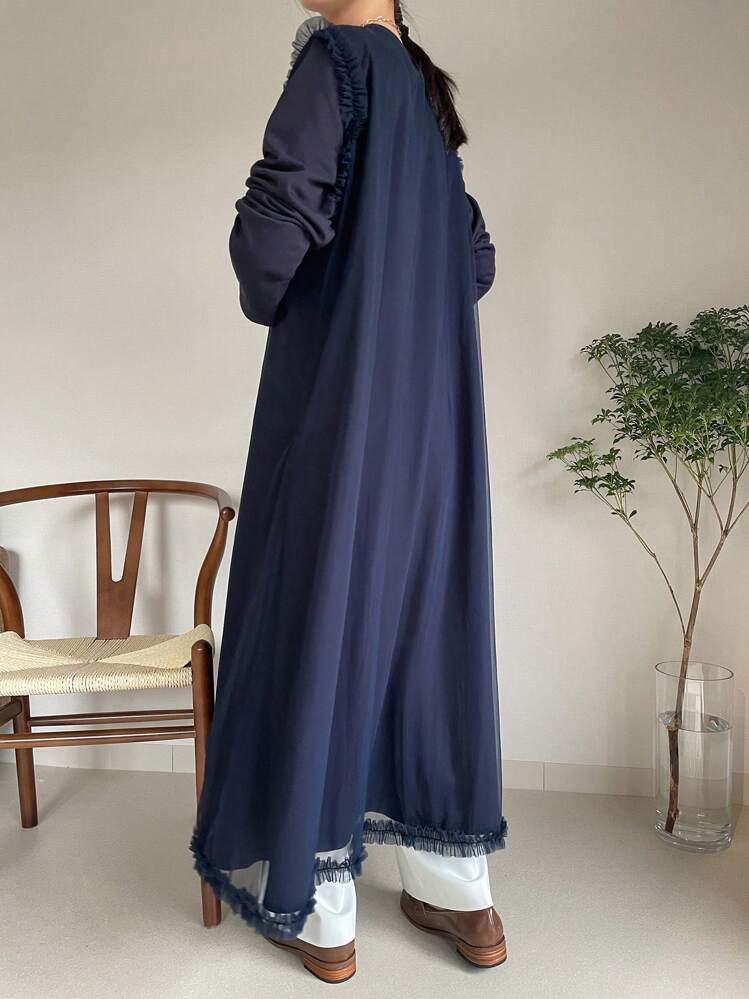 FRIFUL Vestido de mujer de longitud media con volantes, parches de tul y manga larga para otoño - Azul Marino - Añade 5
