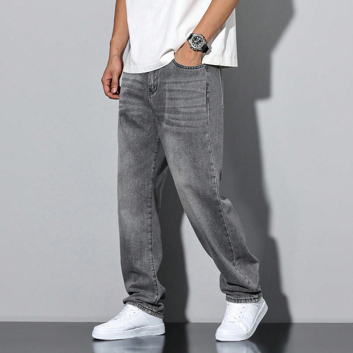 Pantalones vaqueros rectos con lavado casual para hombres, pantalones vaqueros holgados para hombres