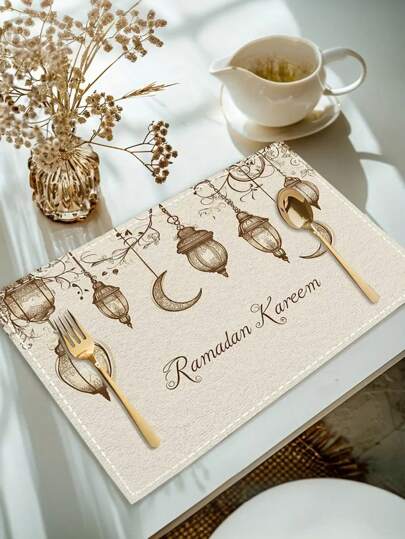 4st/6st Ramadan Kareem-lyktor och månmönster, maskintvättbar polyesterdäckunderlägg, värmebeständig, smutsig, varm, vattentät och lätt att rengöra bordstabletter, bordsdekoration, julfestslayout, skrivbordsskydd, kan användas som presenter