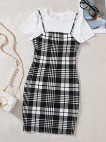 SHEIN Vestido de 2 en 1 con tirantes para adolescentes, de punto acanalado con parches florales - Blanco y Negro - Ver 1