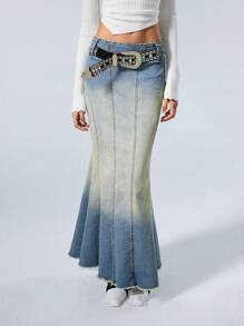 SHEIN EZwear Women's Fall 90s Fashion Country Concert Washed Denim Fish Tail Skirt - Medium Wash - View 1