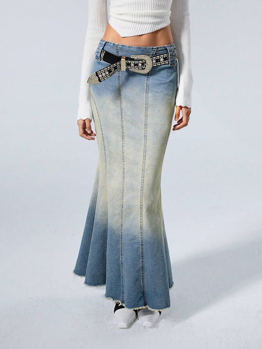 SHEIN EZwear Women's Fall 90s Fashion Country Concert Washed Denim Fish Tail Skirt - Medium Wash - View 1