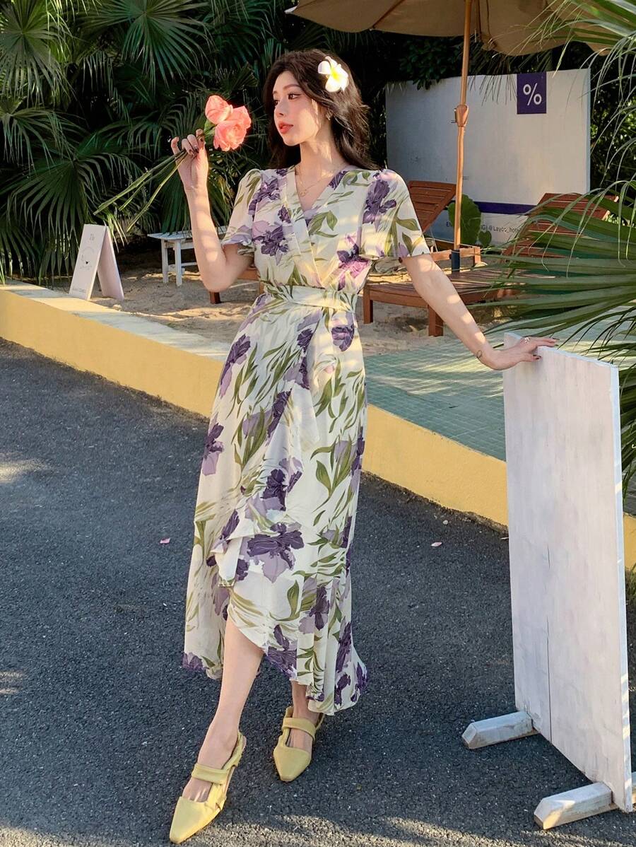 DAZY Robe midi élégante pour femmes à imprimé floral omniprésent enveloppante, pour l'été