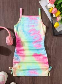 Sukienka dziewczęca z nadrukiem tie-dye i ramiączkami typu spaghetti, ściągana sznurkiem, letnia