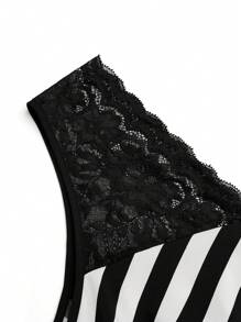 SHEIN Clasi Plus Size Women Classic Black & White Stripe Contrast Lace Sleeveless Slim Fit Dress - Black and White - View 7