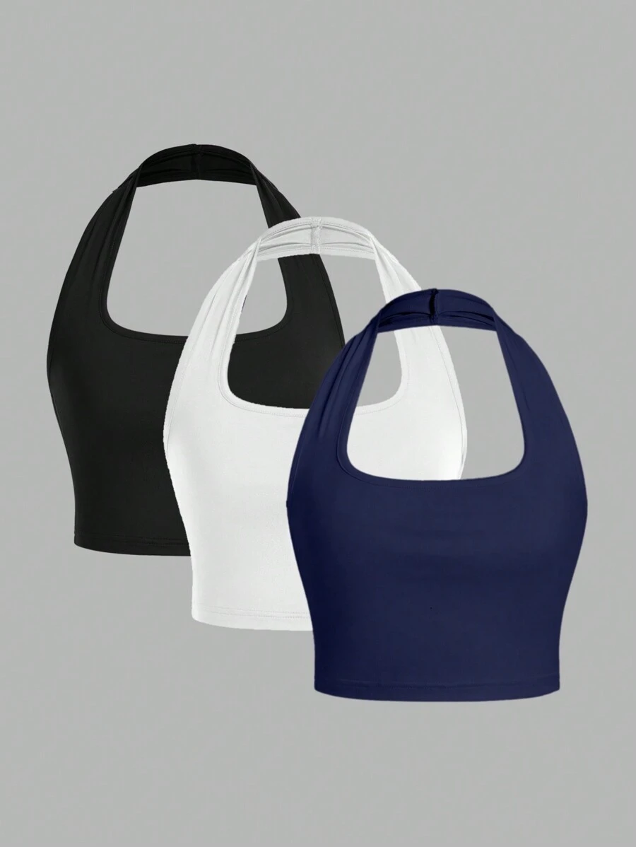 SHEIN EZwear 3 件女式黑色、白色、蓝色无袖露背短款上衣，休闲修身款式，适合夏季 - 彩色 - 查看 1