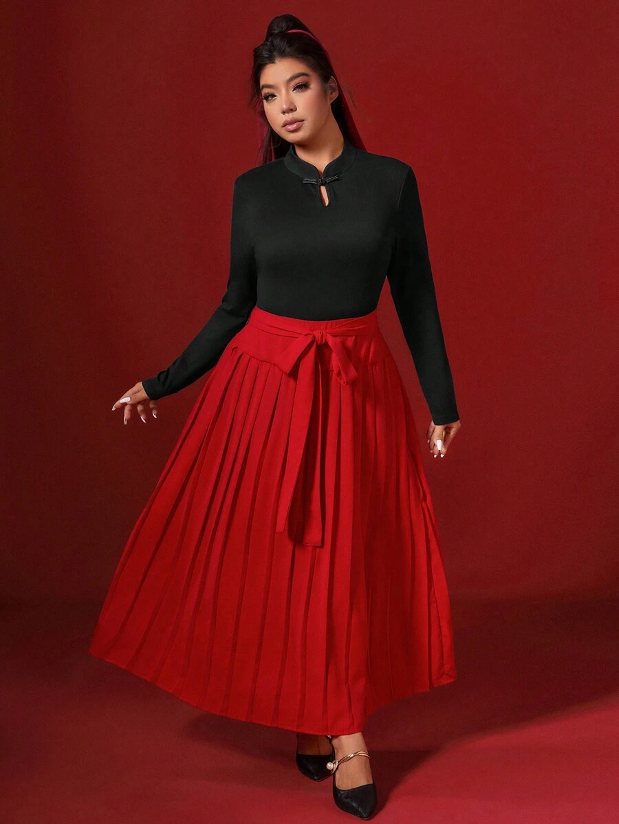 SHEIN VCAY Plus Size 2pcs Chinese New Year Outfit, Red Chinese Style Snap Front Top With Pleated Skirt Set, Spring - Multicolor - View 1