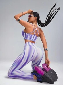 Innovista 紫色扎染高弹力无缝透气 3D 塑身运动套装 2 件套女士运动套装，无缝中部支撑工字背聚拢运动文胸和健身骑行紧身裤套装，腹部控制和臀部提升，日常休闲和健身套装，瑜伽套装，健身套装，跑步锻炼，秋冬装，户外瑜伽，走扁带，普拉提，户外瑜伽 - 彩色 - 查看 8