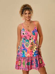 Travachic Vestido de verano de tallas grandes con estampado multicolor bohemio y tirantes
