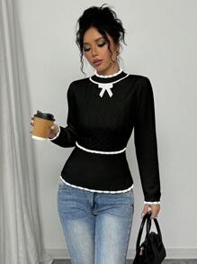 Elenzga Women's Elegant Color Block Bow Knit Sweater Top, Layering Basis Knit Pullover Fall Winter Sweater - Black - View 7