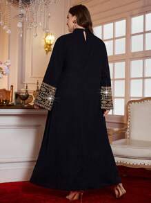 Al Najma Plus Size New Elegant Stand Collar Long Sleeve Pearl Embroidered Luxury Women Robe, Modest - Black - View 6
