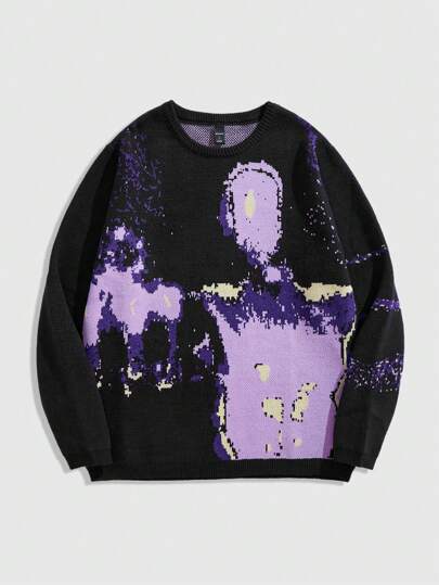 Street Life Homme Pull col rond, manches longues, détail graphique, tricot casual