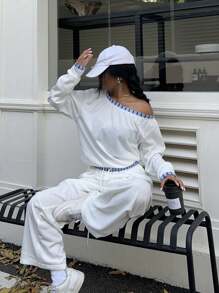 StreetHx 2 件套女士时尚斜肩条纹运动衫和休闲抽绳裤，运动套装 - 白色 - 查看 4