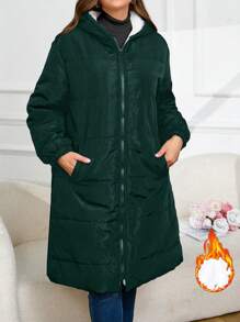 Plus Size Front Zipper Long Sleeve Pocket Minimalist Hooded Winter Clothes Jacket