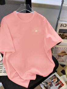 Teen Girl T-Shirt With Lines And Sun Graphic Design, Fashionable, Comfortable, And Versatile Short Sleeve Top For All Seasons - Pink - View 4