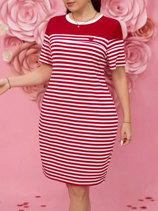 SHEIN LUNE Vestido casual mini de manga corta con cuello redondo y rayas para el Día de San Valentín, talla grande