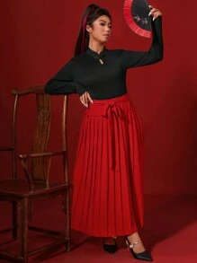 SHEIN VCAY Plus Size 2pcs Chinese New Year Outfit, Red Chinese Style Snap Front Top With Pleated Skirt Set, Spring - Multicolor - View 2