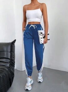 EURMUSE 95% Cotton Contrast Tape Drawstring Waist Slant Pocket Sweatpants - Blue - View 3