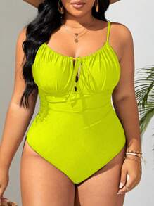 SHEIN Swim Curve 大码女式 1 件纯色露背抽绳沙滩泳衣，性感，适合日常和度假使用夏季