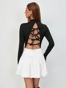 SHEIN Unity 女士纯色拼接系带长袖休闲迷你连衣裙 - 黑色 - 查看 5