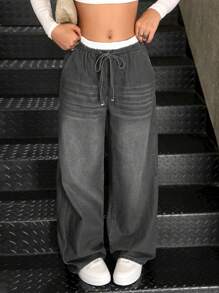SHEIN Pantalones vaqueros de pernera ancha y suelta con diseño de rayas azules y blancas, en estilo casual de moda otoñal Y2K para adolescentes, con cintura contrastante y diseño 2 en 1