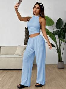 SHEIN EZwear 浅蓝色针织女士休闲紧身休闲套装 - 淺藍色 - 查看 6