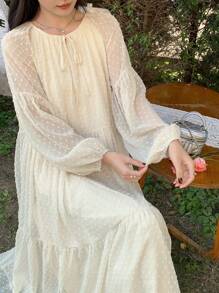 DAZY Women Solid Color Round Neck Lantern Sleeve Loose Long Dress, Ruffle Dress - Beige - View 7