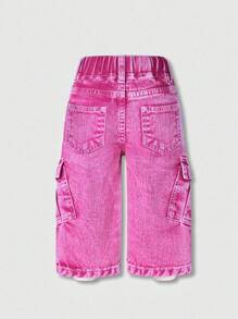 SHEIN Baby Girl Y2K Stylish Cargo Pocket Washed Soft Pink Jeans, Casual Everyday Versatile 2024 Must-Have Item - Pink - View 2