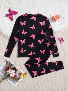 SHEIN Conjunto de pijama casual y cómodo para niña preadolescente de 2 piezas, con pantalón y camiseta de manga larga de ajuste ceñido, estampado minimalista de mariposa que brilla en la oscuridad y cuello redondo con hombros caídos