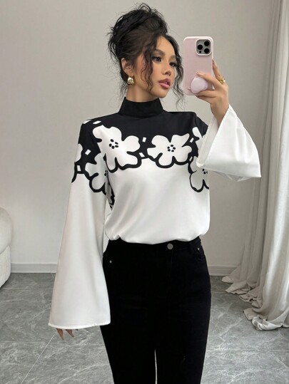 Elenzga Women's Elegant Commuting Loose Fit Floral Print Long Sleeve Stand Collar Blouse (Random Floral Print) Fall Cloth For Women